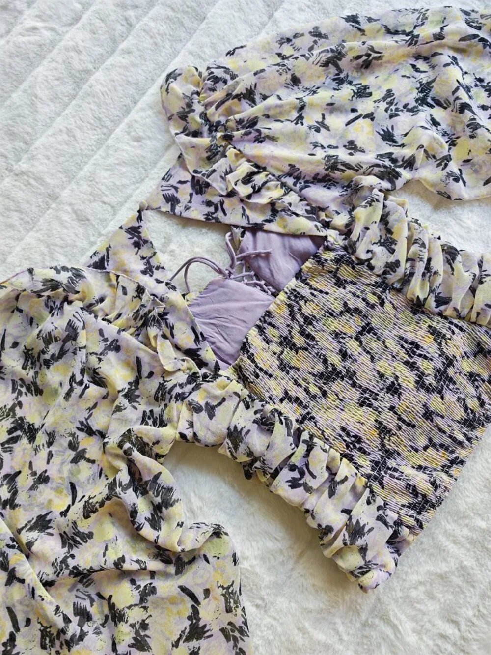 Free People Floral Ruched Blouse Top Puff Sleeve Tie Front Cottagecore Boho Roma - Picture 13 of 13